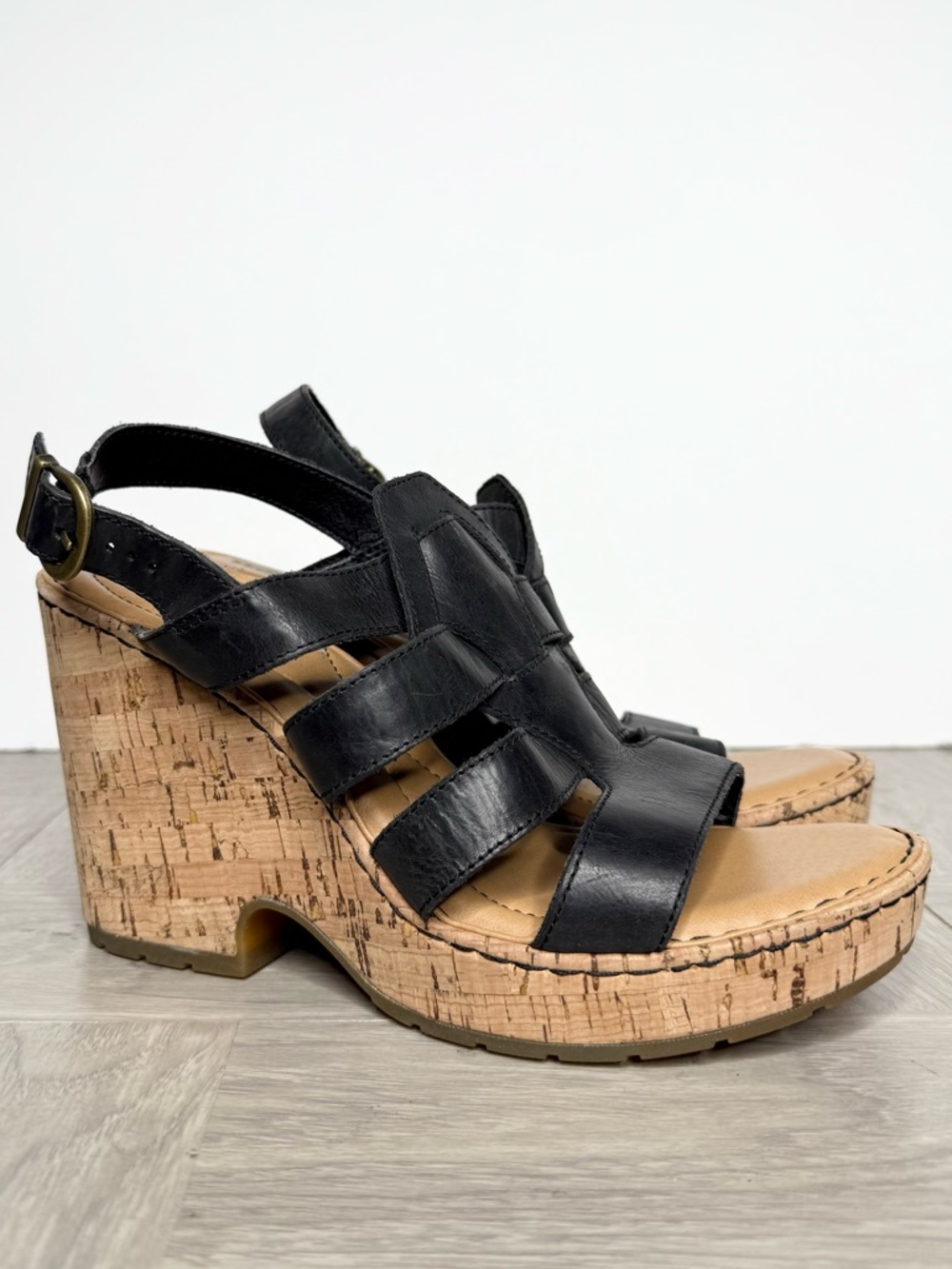 Born Bernese Black Leather Cork Wedge Sandal 10 M